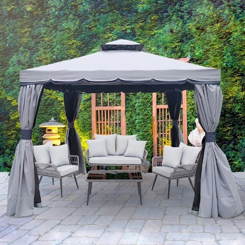 Certified Gazebo with Mosquito Netting and Curtains 10 x 10 39 Grey Natural