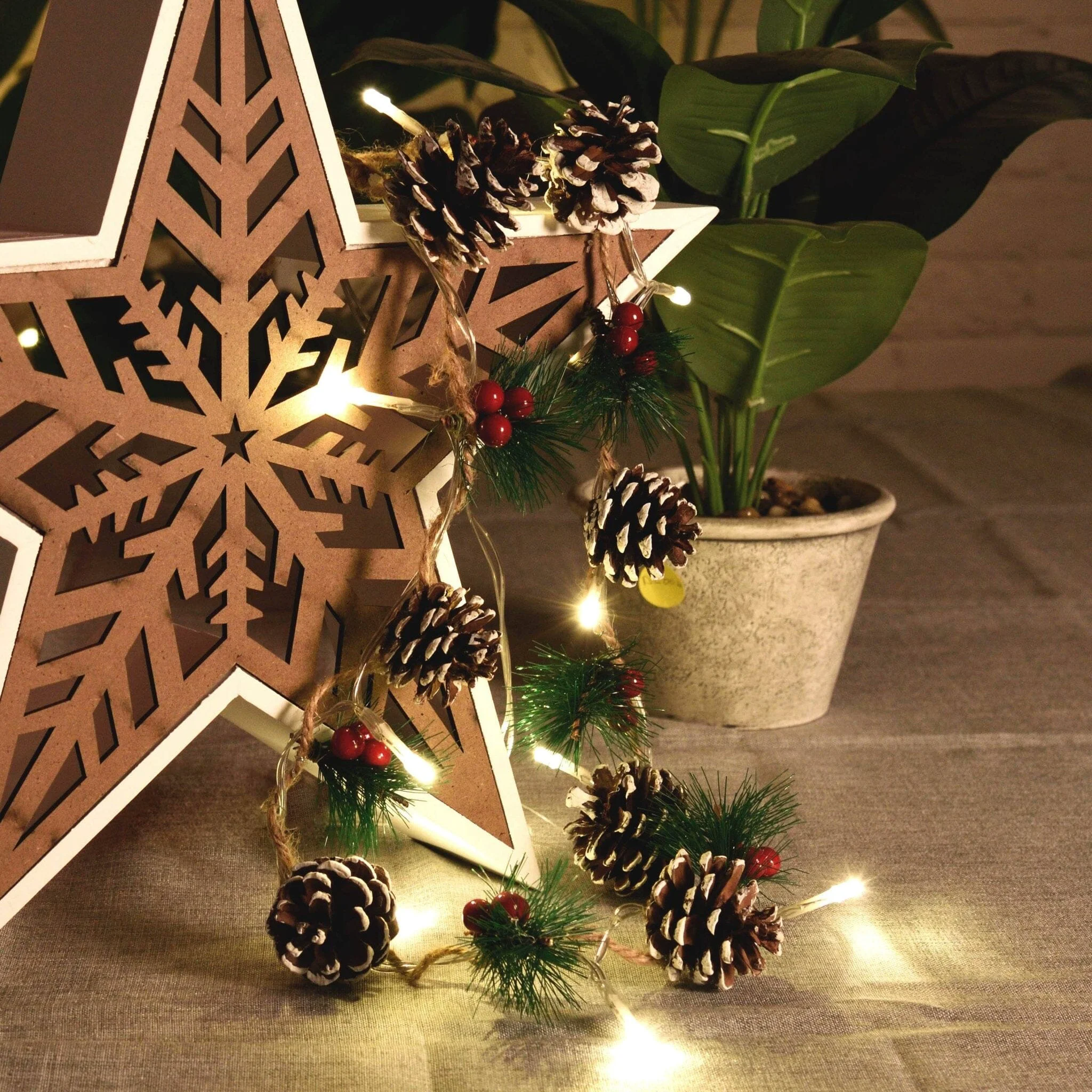 Optimized Pine Cone with Red Berry Garland Led Lights Sustainable