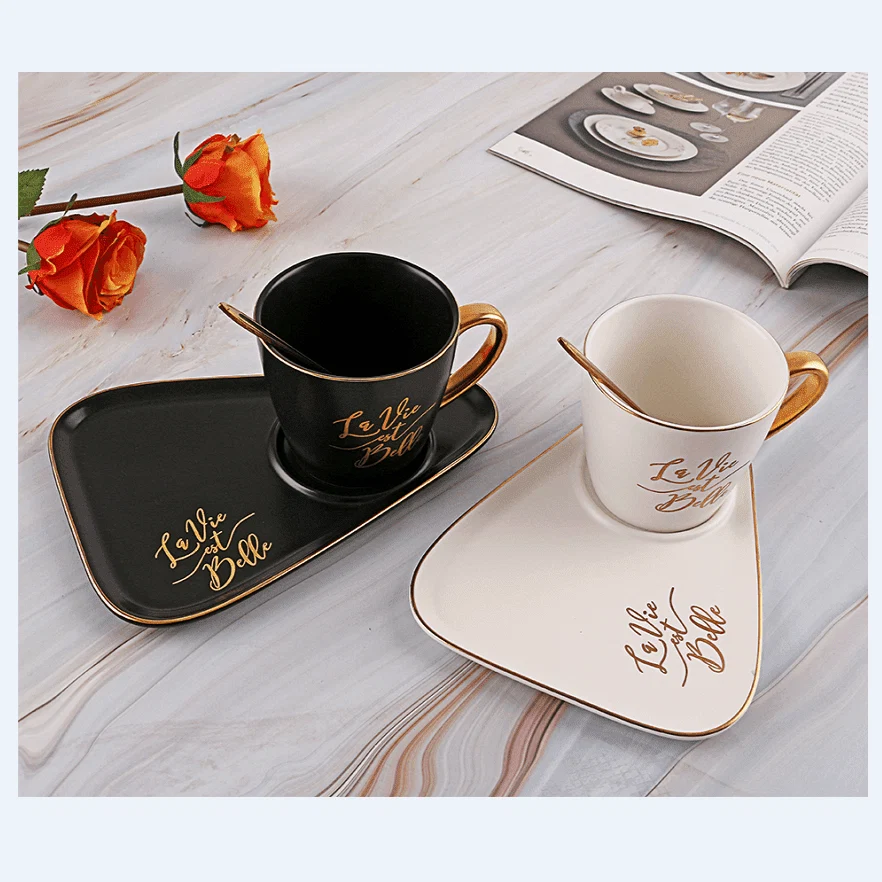 High-Quality Mug Gift Set with plate and Spoon Foil Gold Green