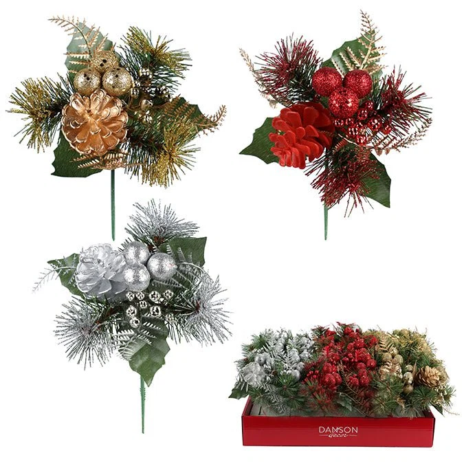 Innovative 13cm Glitter Pine Pick with Berry Pinecone 3 Assorted Red Gold Silver – PDQ Display Original