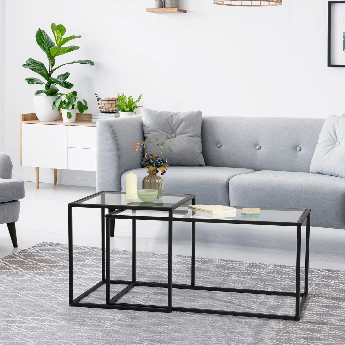 Premium Material Set 2 Coffee Tables Adomo Glass Metal Frame Expertly Made
