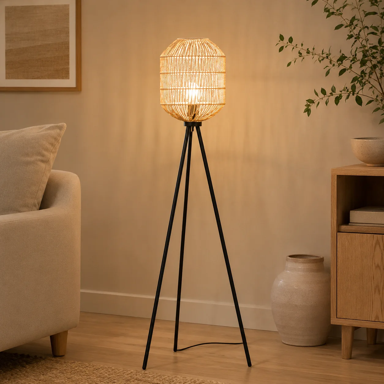Proven Lauren Taylor - Tripod Floor Lamp With Rattan Shade Black Original Design