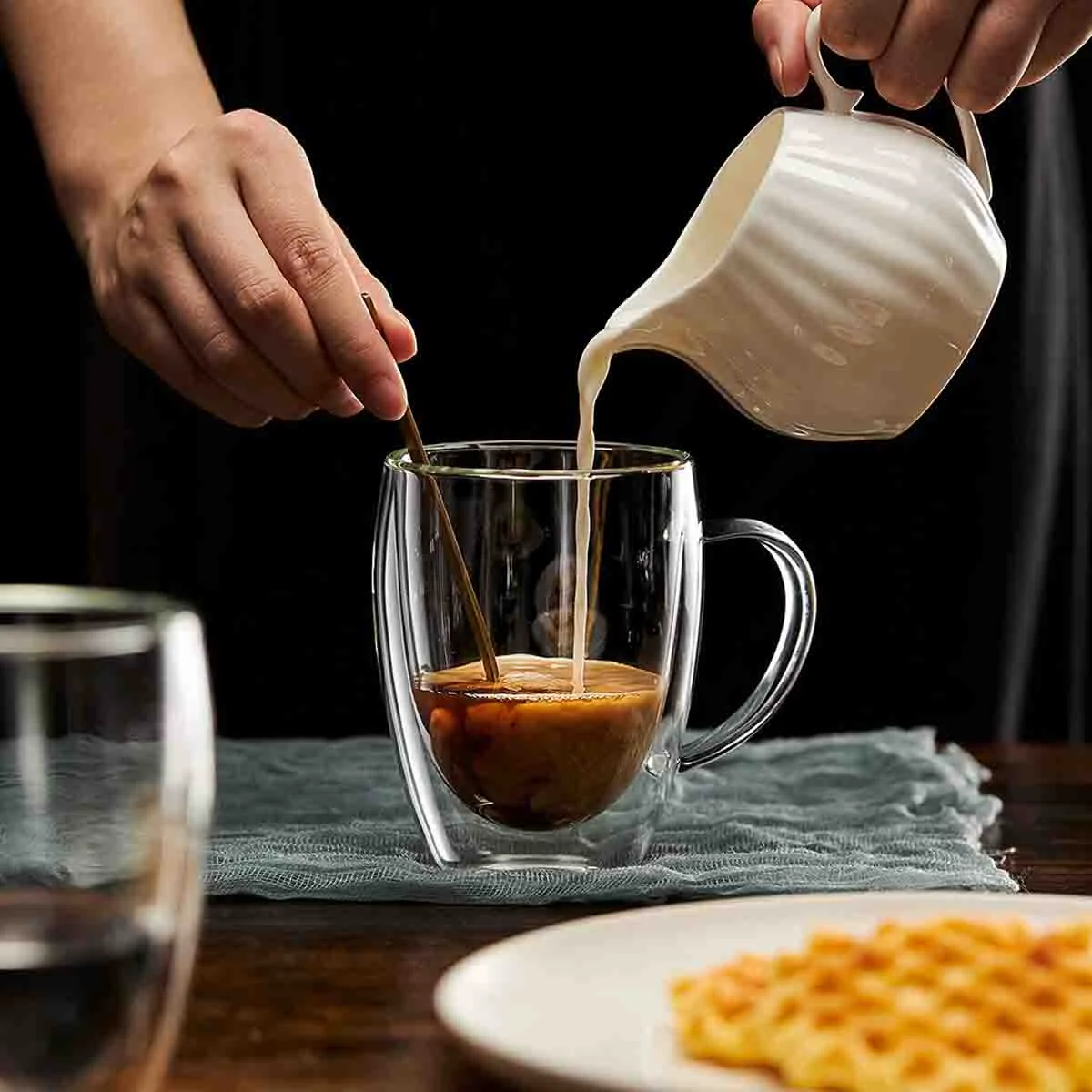 Premium Material 2pcs Double Walled Glass Cup- With Handle 350ml Durable