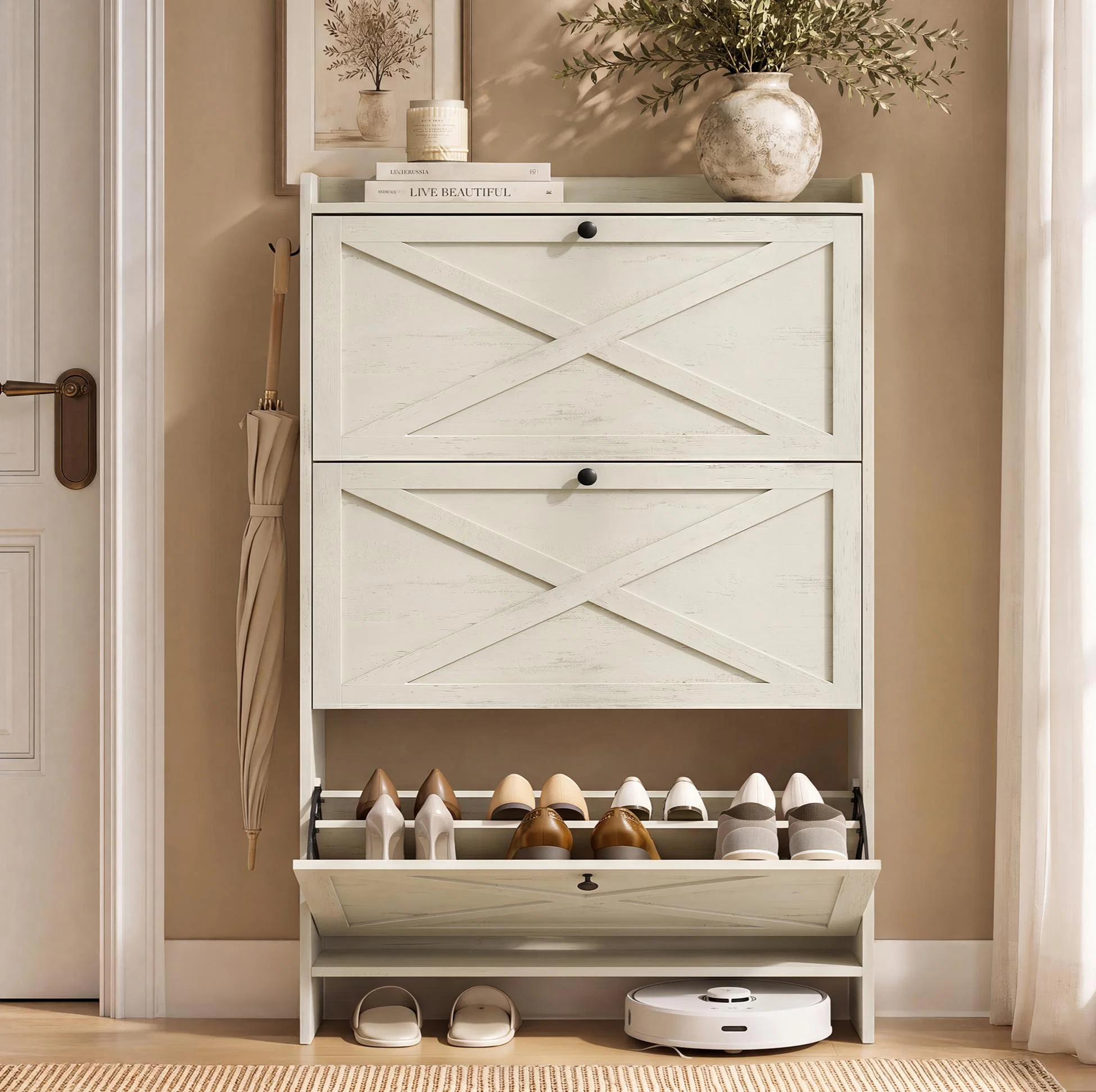 Contemporary VASAGLE VASAGLE Shoe Storage Cabinet Organizer with 3 Flip Drawers standing Narrow Shoe Rack Cabinet for Entryway Easy-to-Use