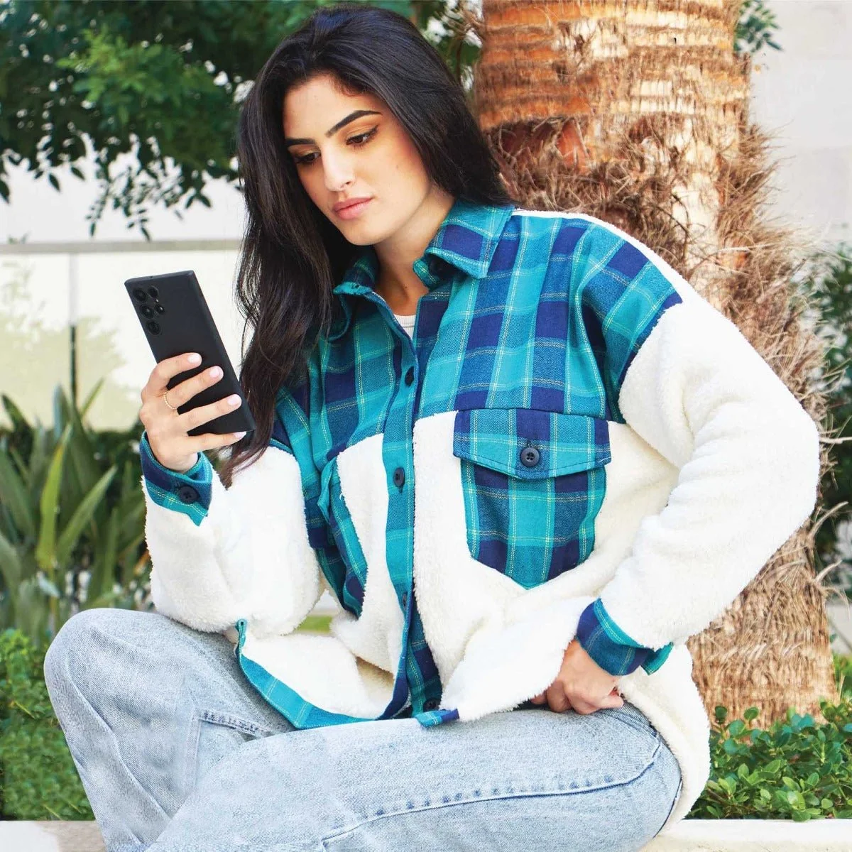 Solid Sherpa Jacket With Plaid Details Traditional