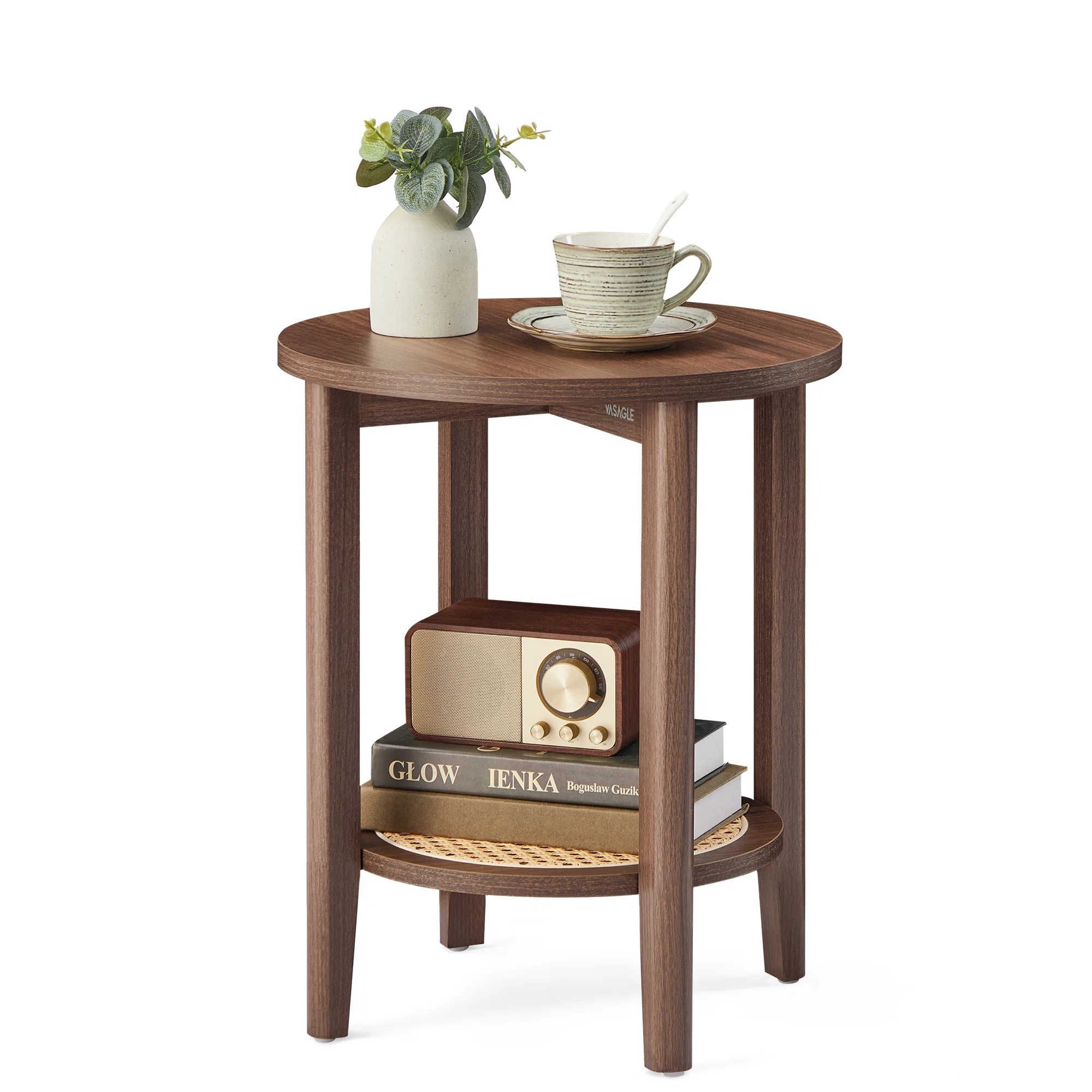 Official VASAGLE Round Side End Table 2-Tier Boho Bedside Table with Rattan-Look Storage Shelf Certified