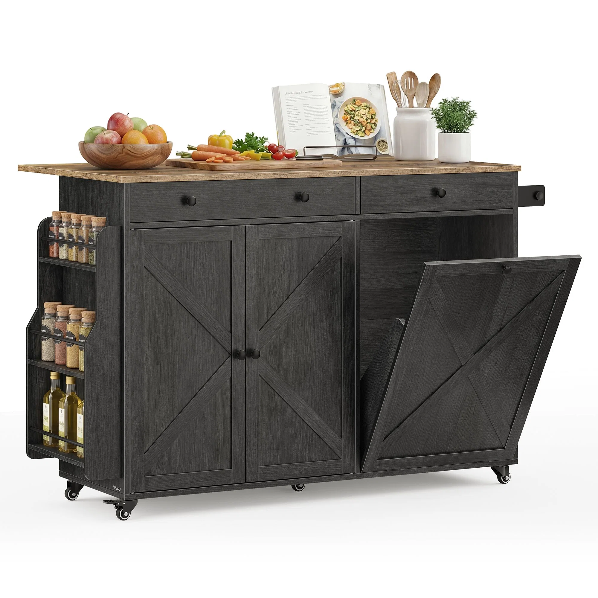 Unique VASAGLE VASAGLE Mobile Kitchen Island with Trash Can Storage Drop Leaf Portable Island with Spice Rack Smart
