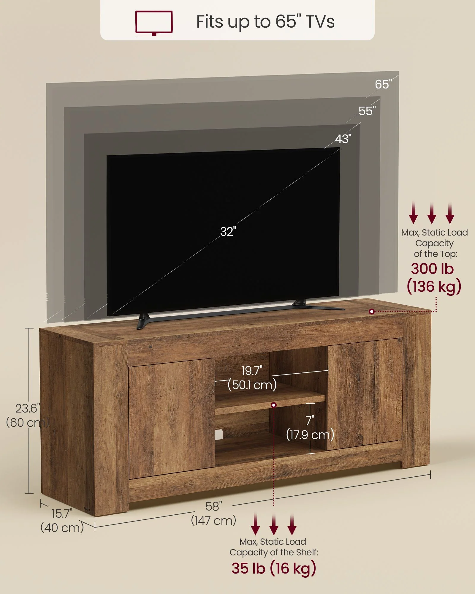 Fine Crafted VASAGLE VASAGLE TV Stand Farmhouse Entertainment Center with Storage Cabinets Media Console Table for Living Room Bedroom User-Friendly