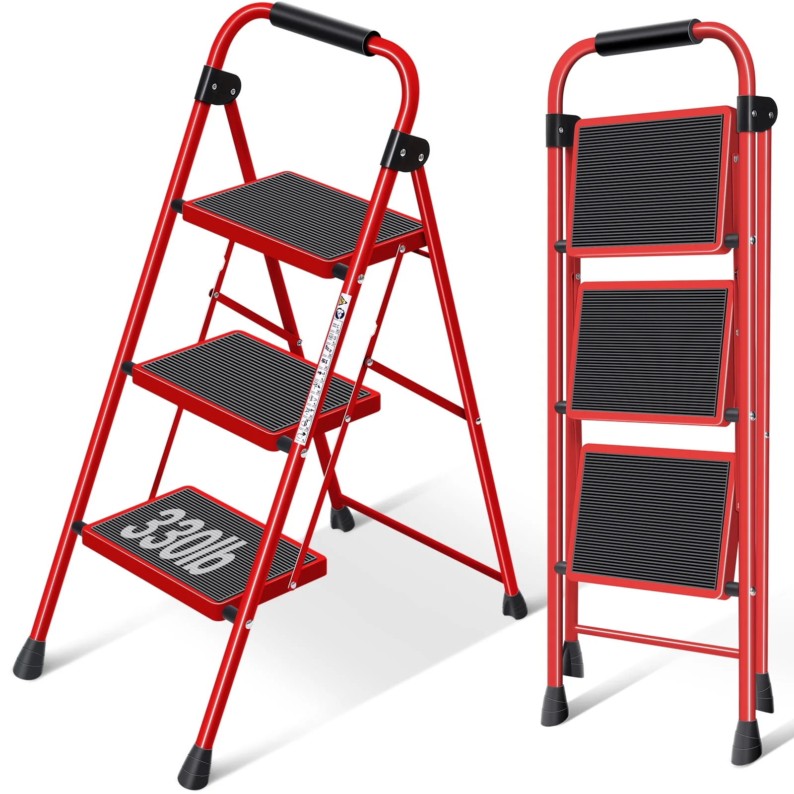 Fashionable KK KINGRACK 3-Step Household Folding Steel Step Stool with Armrests 225 lbs Capacity Red WK2207B-3-R First-Class