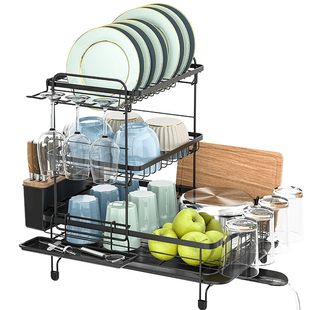 Sustainable TOOLF Dish Drying Rack 3-Tier Foldable Drying Rack for Kitchen with Tray and Utensil Holder 16.89 quot L x12.64 quot W x6.81 quot H Black WK810680 Breathable