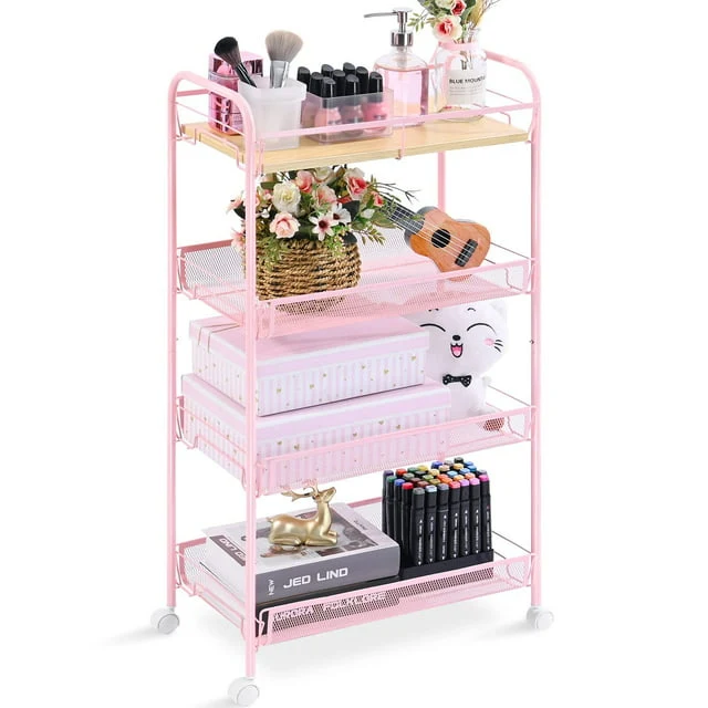 Exclusive Kingrack 4 Tier Rolling Cart Mesh Storage Utility Carts with Wooden Tabletop for Kitchen Bathroom Pink，WK830492-P Practical