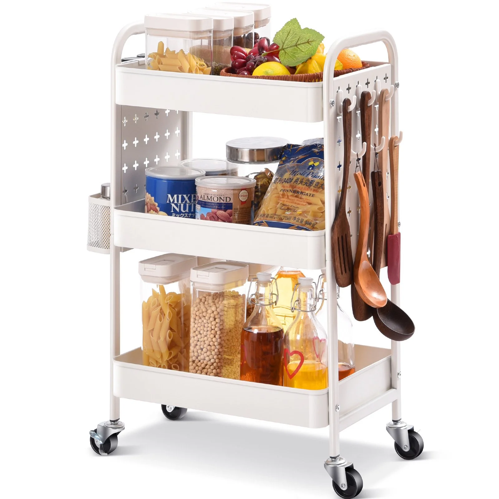 High-Quality 3-Tier Rolling cart KK Kingrack Utility Storage Cart with DIY Dual Pegboards White WK830573 Healthy
