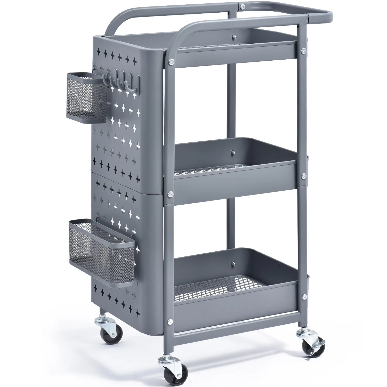 Functional 3-Tier Metal Utility Cart with Removable Pegboard Extra Baskets Hooks-WK130902 WHITE GREY 2-COLORS AVAILABLE Long-Lasting