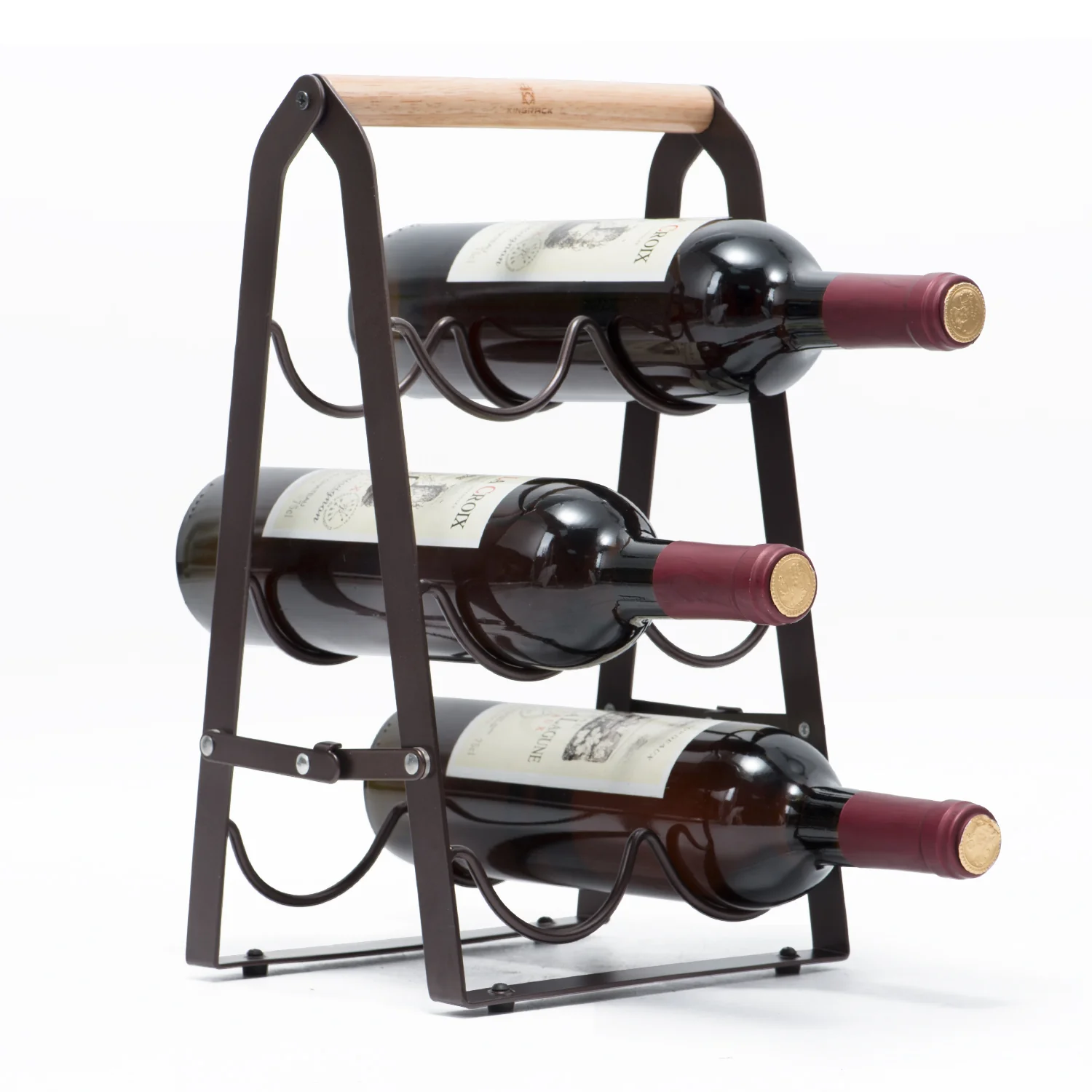 Eco-Friendly Countertop Wine Rack for 6 Bottle Wine 3-Tier Classic Design Set of 1 Wood amp Metal Copper -WK130915 Minimalist