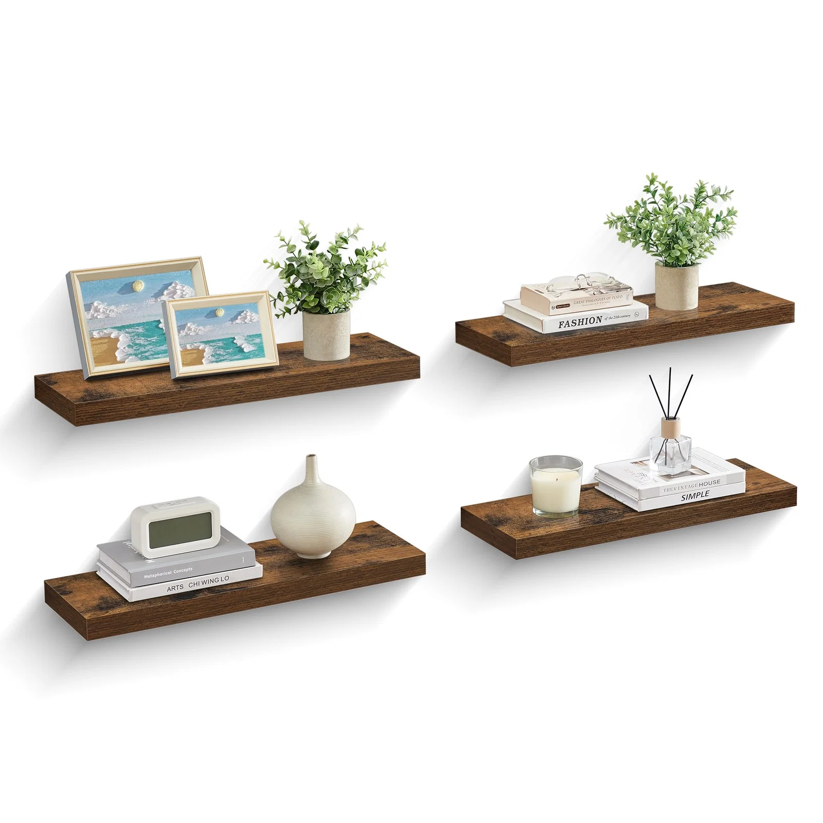 Trusted VASAGLE Wall Shelves Set of 4 Floating Shelves 8 x 23.6 x 1.5 Inches Display Shelves for Picture Frames Decor Hanging Shelf for Living Room Kitchen Rustic Brown Detailed