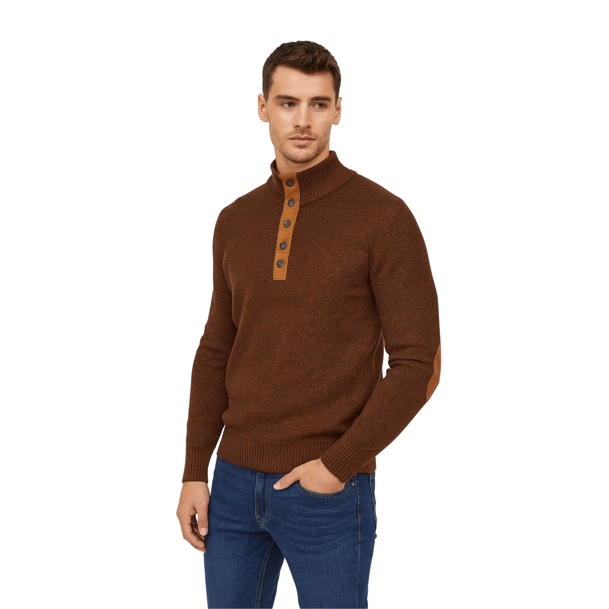 Original Textured Knit Henley Sweater with Elbow Patches Crafted