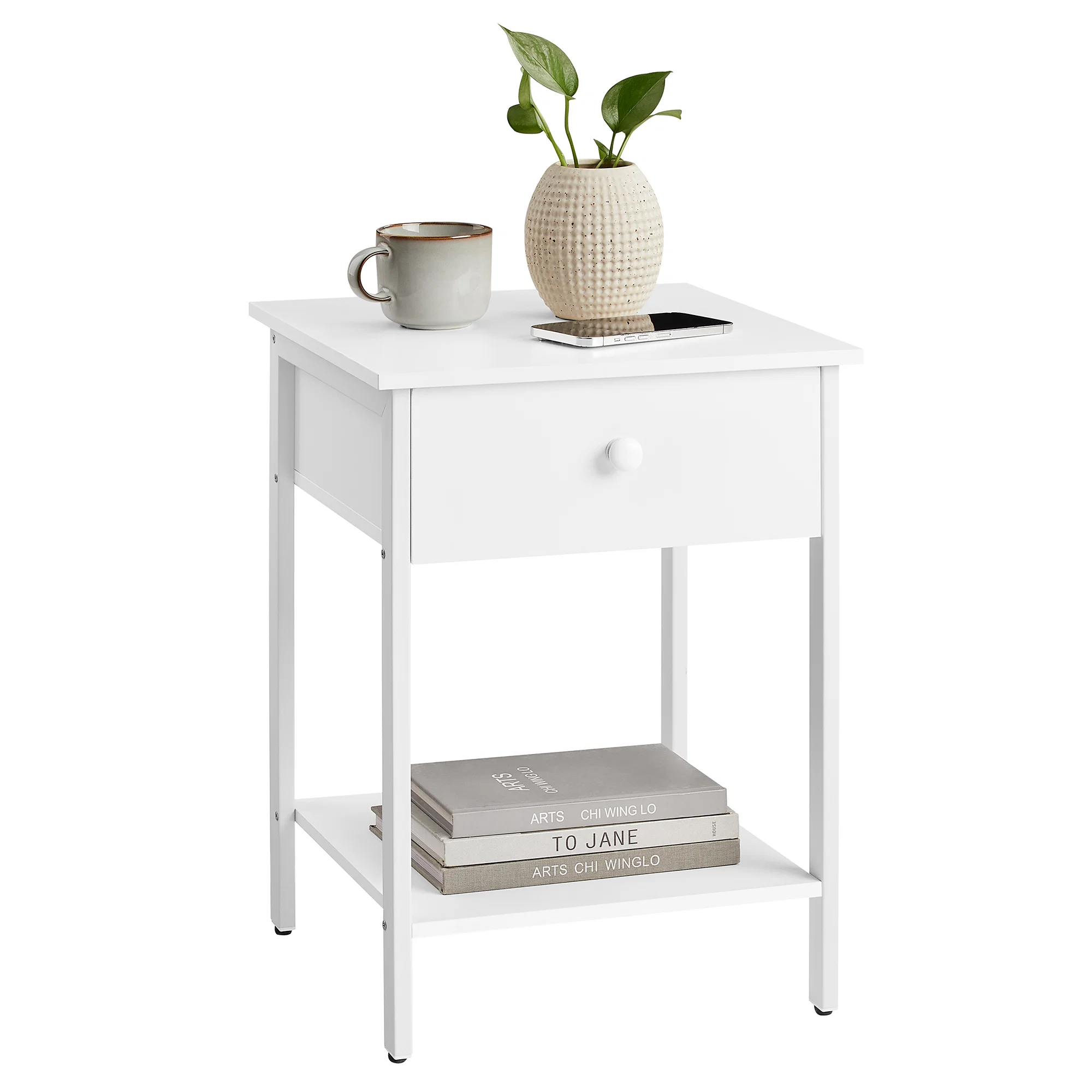 Fast VASAGLE Nightstand End Table Side Table with Drawer and Shelf 15.7 x 15.7 x 21.7 Inches Bedroom Steel Frame Easy Assembly Modern Matte White Efficient