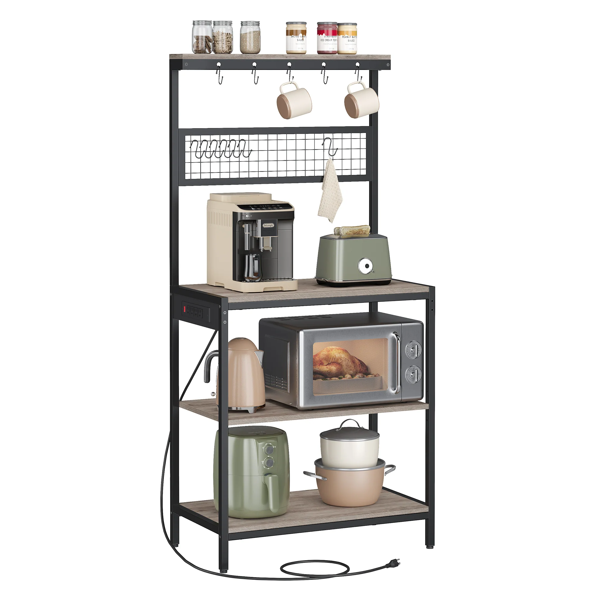 Outstanding VASAGLE VASAGLE Bakers Rack with Charging Station 31.5 Inches Coffee Bar Stand with Adjustable Storage Shelf Grid Panel 12 Hooks Table for Microwave Kitchen Heather Greige and Ink Black UKKS016K02 Easy-to-Use