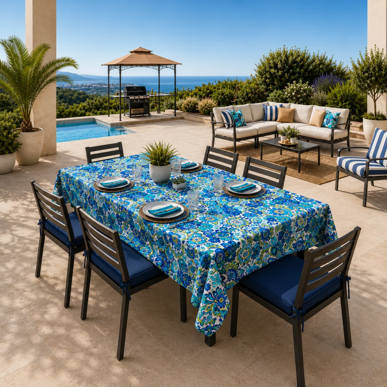 Artisan Outdoor Tablecloth 52 x 70 in – Belize Blue Printed Patio Table Cover Innovative