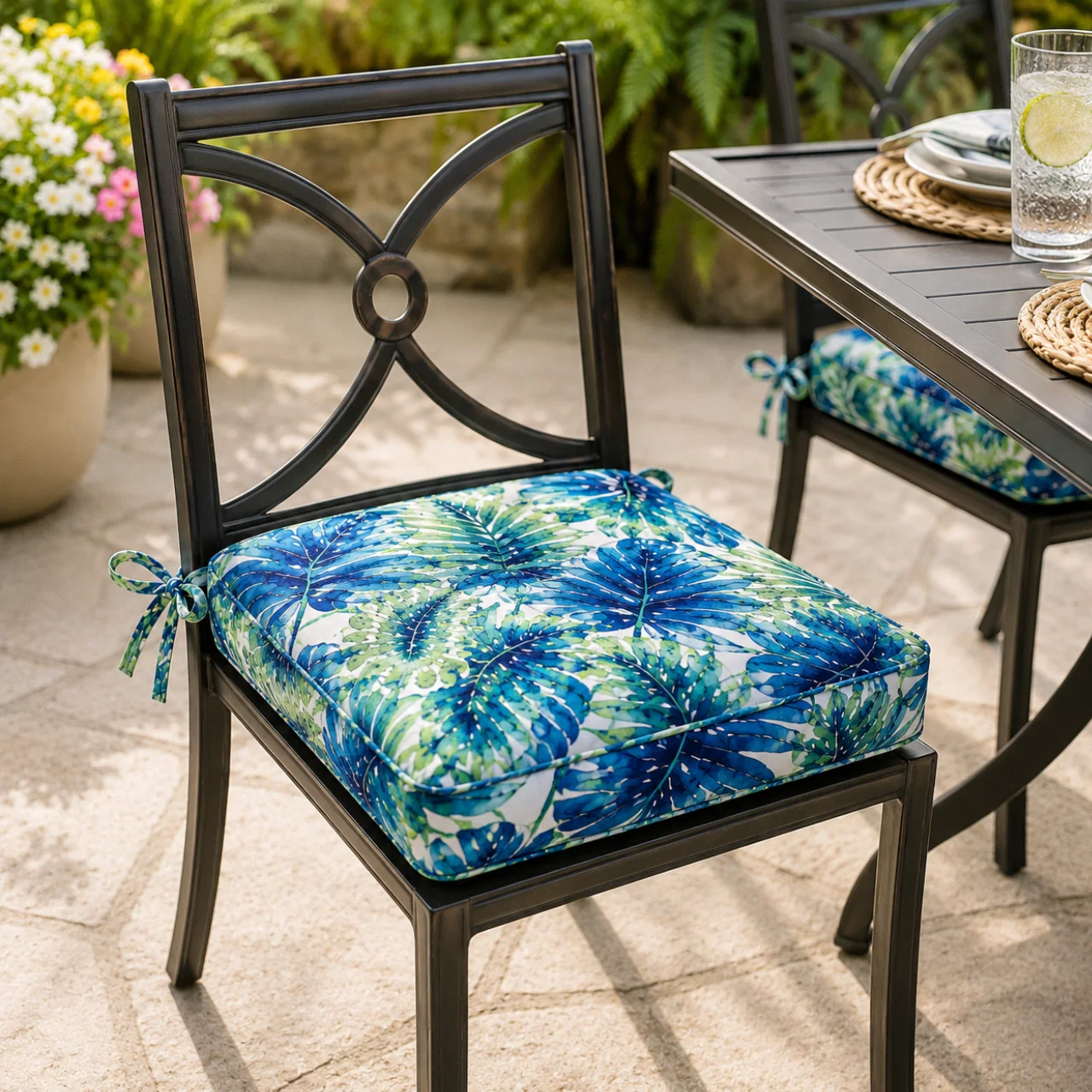 Contemporary 2-Pack Outdoor Chair Pads 17 x 17 in – Belize Tropical Print Natural