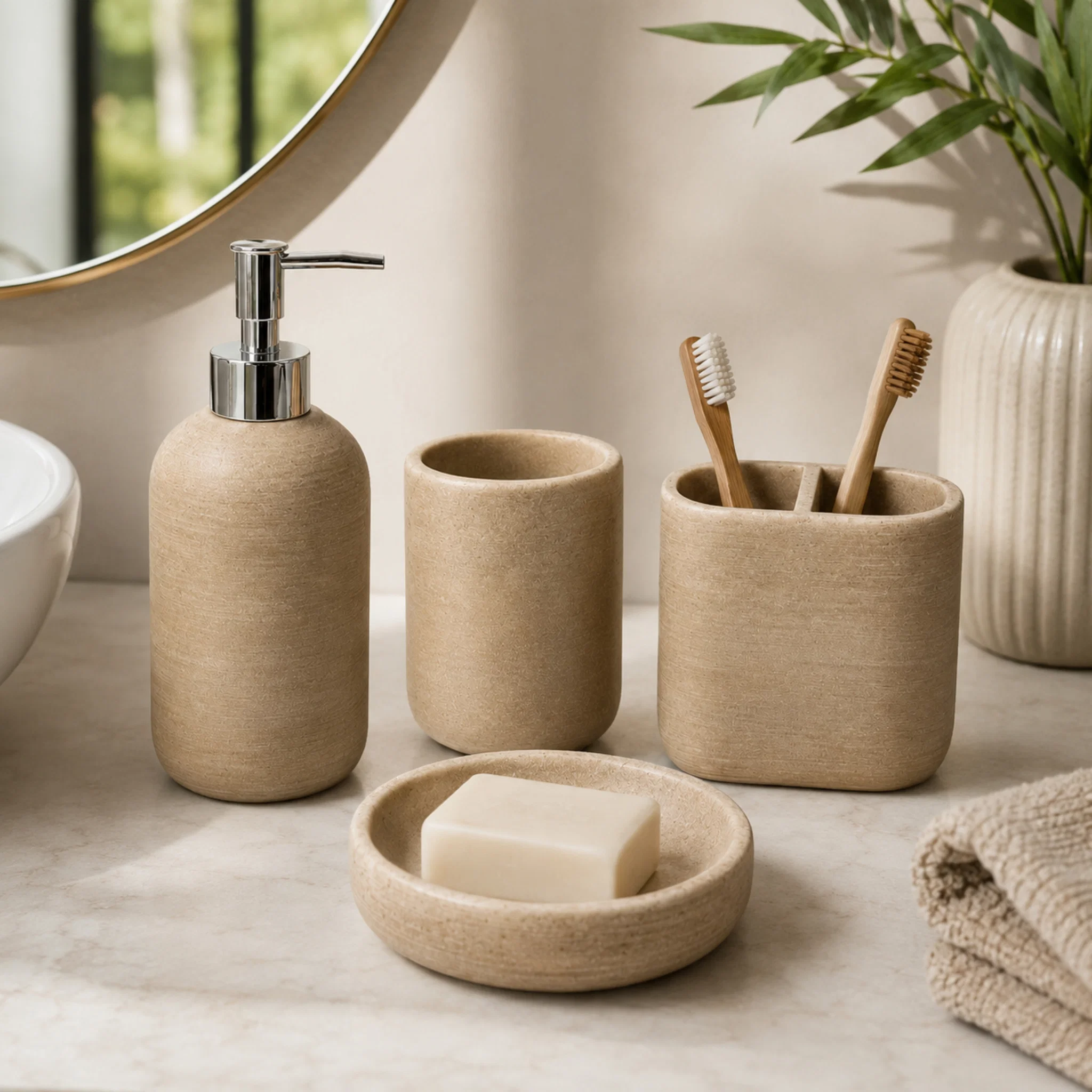 Consistent 4-Piece Tan Travertine Polyresin Bathroom Accessory Set Fine