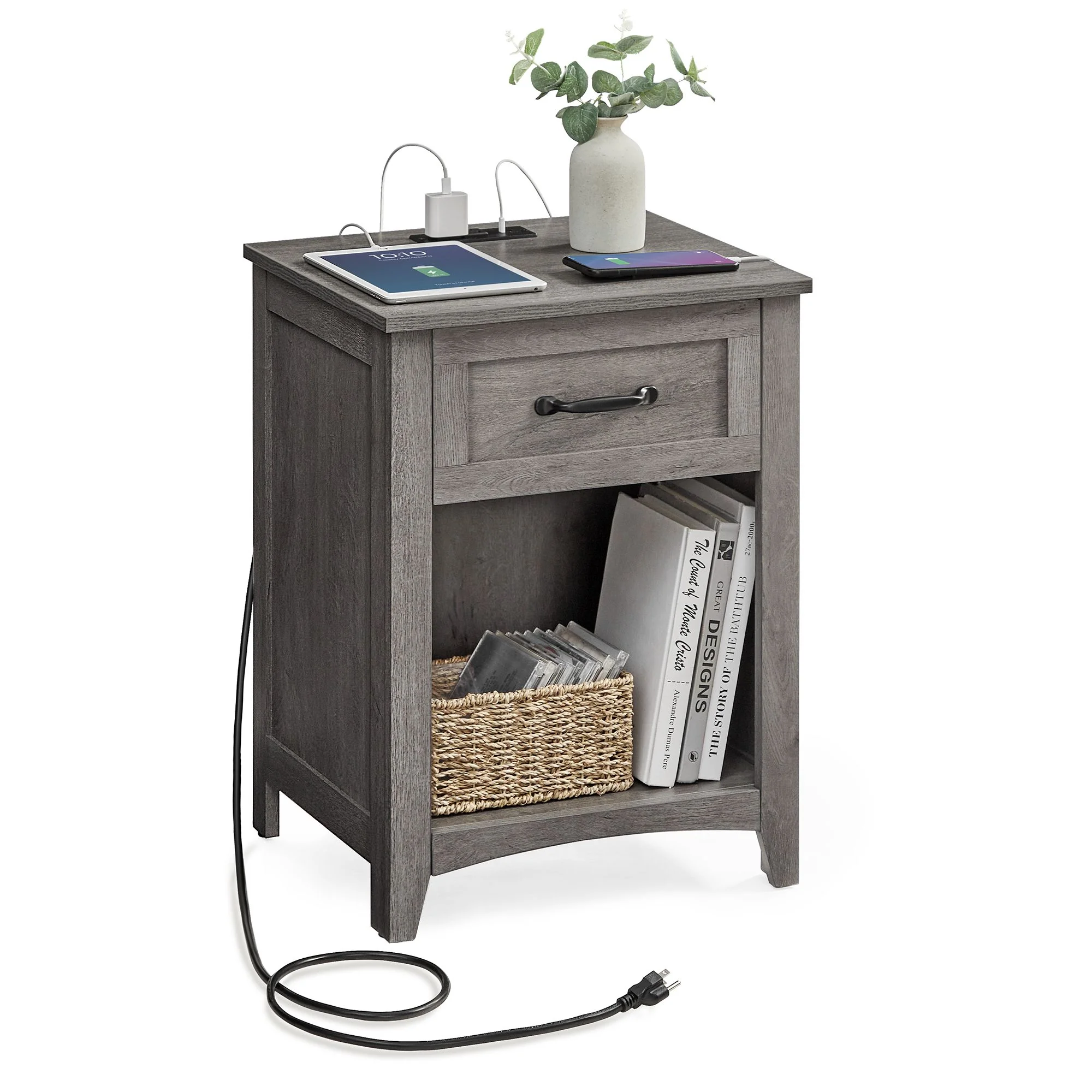 Efficient VASAGLE VASAGLE Farmhouse Nightstands with Charging Station Set of 2 Bedside Tables with Drawer Sophisticated