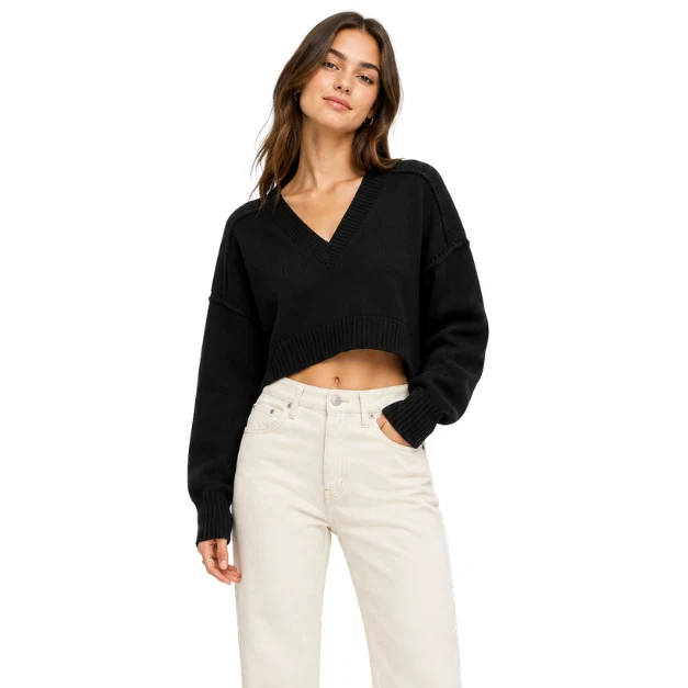 Top-Quality Women's Cropped V-Neck Knit Sweater Contemporary