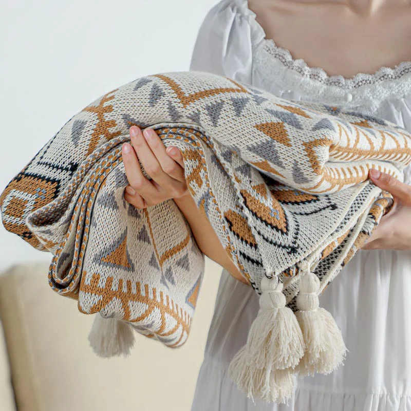 Refined Ownkoti Cozy Shape Pattern Tassel Knitted Blanket Recyclable