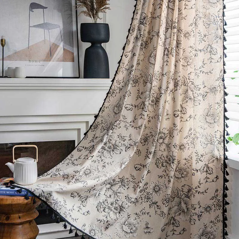 Contemporary Ownkoti Black Flower Curtain with Black Tassel Elegant