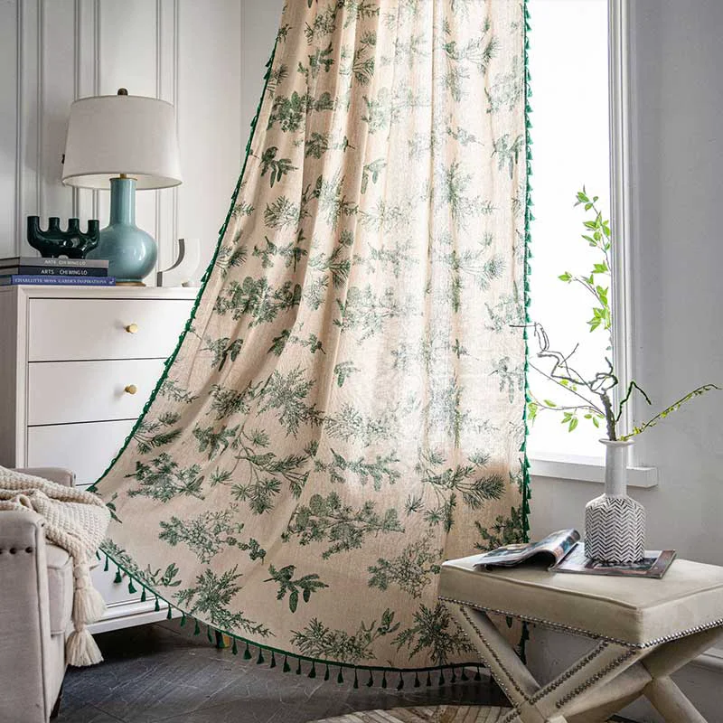 Professional Ownkoti Green Pine Bird Pattern Tassel Curtain Trendy