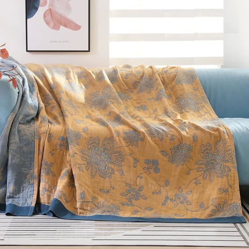 Detailed Ownkoti Lightweight Flower Print Cotton Sofa Blanket Breathable