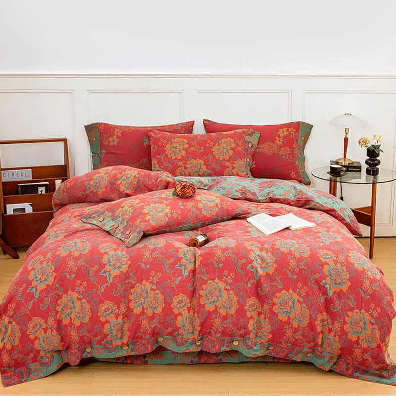 Flexible Ownkoti Flower Print Red Cotton Bedding Sets 4PCS Healthy