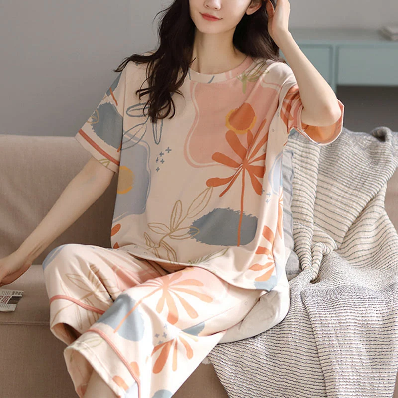 Luxury Ownkoti Flower Leaf Print Cotton Loungewear Set Advanced
