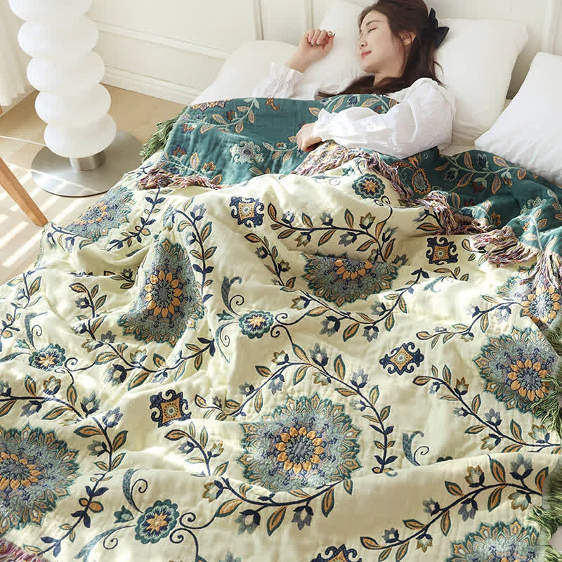 Premium Material Ownkoti Cotton Gauze Floral Reversible Tassel Quilt Powerful