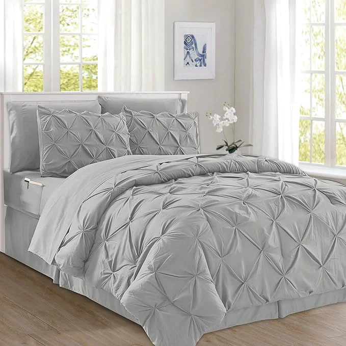 Carefully Designed Elegant Comfort 8-Piece Pinch Pleated Comforter Set - All Season Complete Bed in a Bag Includes 4pc Smart Sheet Set Bed Skirt Comforter Matching Pillowcases and Shams Full Queen Light Gray Eco-Friendly