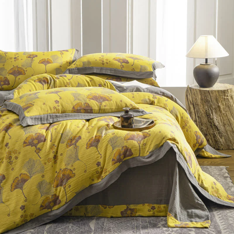 Advanced Ownkoti Vintage Ginkgo Leaf Cotton Gauze Bedding Set 4PCS Authentic