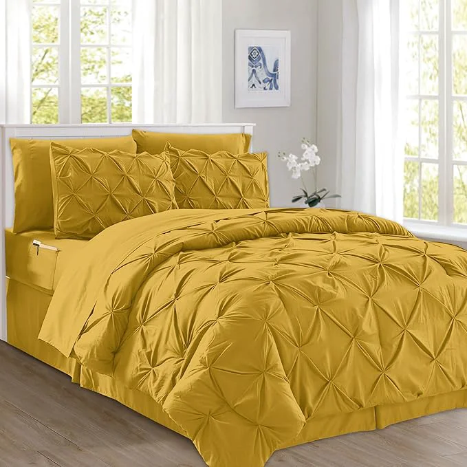 Comfortable Elegant Comfort 8-Piece Pinch Pleated Comforter Set -All Season Complete Bed in a Bag Includes 4pc Smart Sheet Set Bed Skirt Comforter Matching Pillowcases and Shams King Cal King Mustard Yellow Authentic