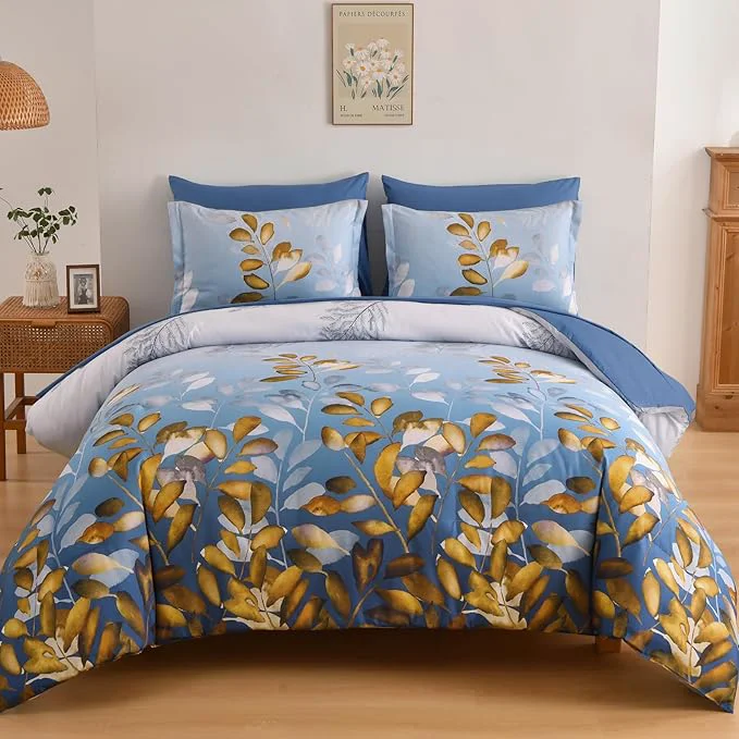 Responsible Anibedding Botanical Queen Comforter Set 7 Piece Blue Gold Gradient Leaves Ultra Soft Microfiber Down Bedding Set with Sheets and Pillowcase for All Season Genuine