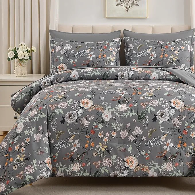 High-Performance 7 Piece King Comforter Set Dark Grey Butterfly Floral Comforter Set with Flowers Leaves Pattern Soft Microfiber Complete Bedding Set for All Season Dark Grey King Powerful