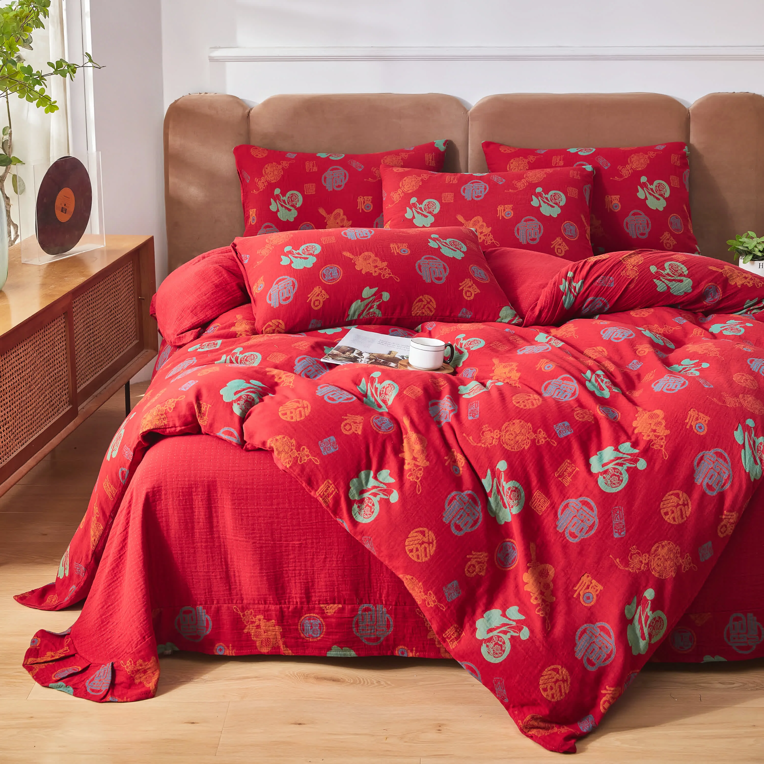 High-End Ownkoti Cotton Gauze Chinese Character Bedding Set 4PCS High-Grade