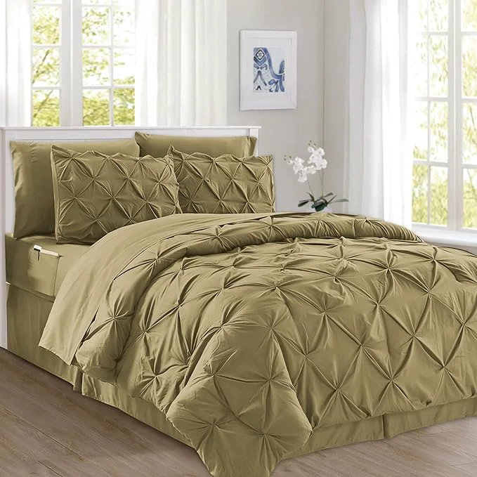 Original Design Elegant Comfort 8-Piece Pinch Pleated Comforter Set - All Season Complete Bed in a Bag Includes 4pc Smart Sheet Set Bed Skirt Comforter Matching Pillowcases and Shams Twin Twin XL Khaki Powerful