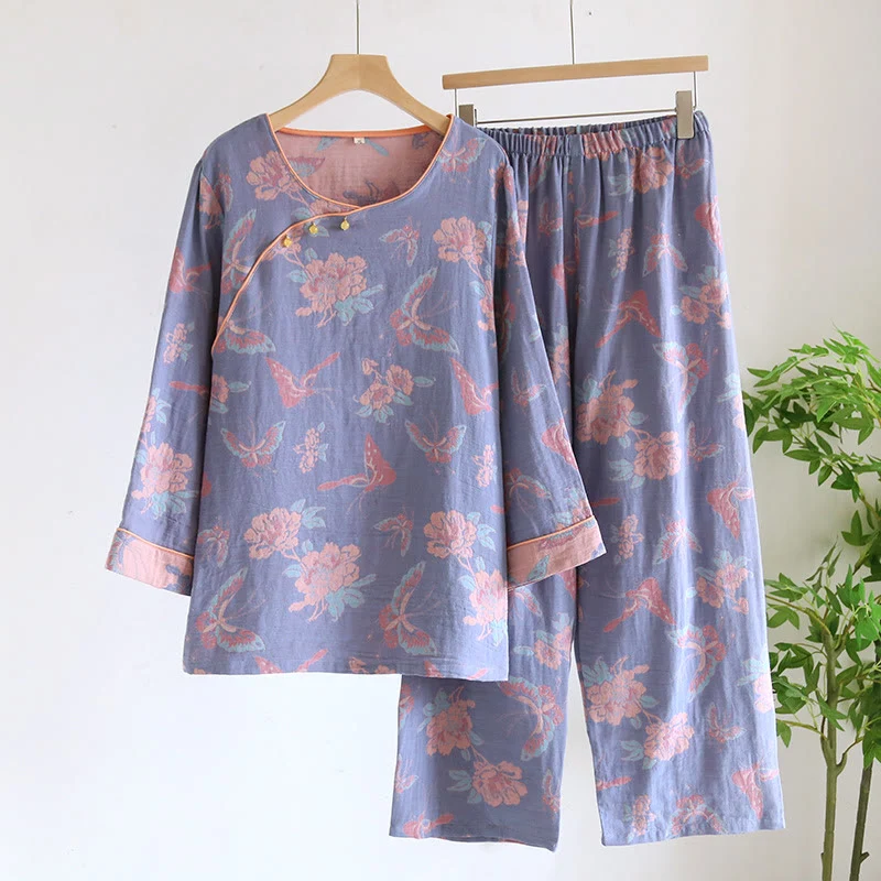 Solid Ownkoti Cotton Gauze Butterfly amp Floral Nightwear Set Eco-Friendly