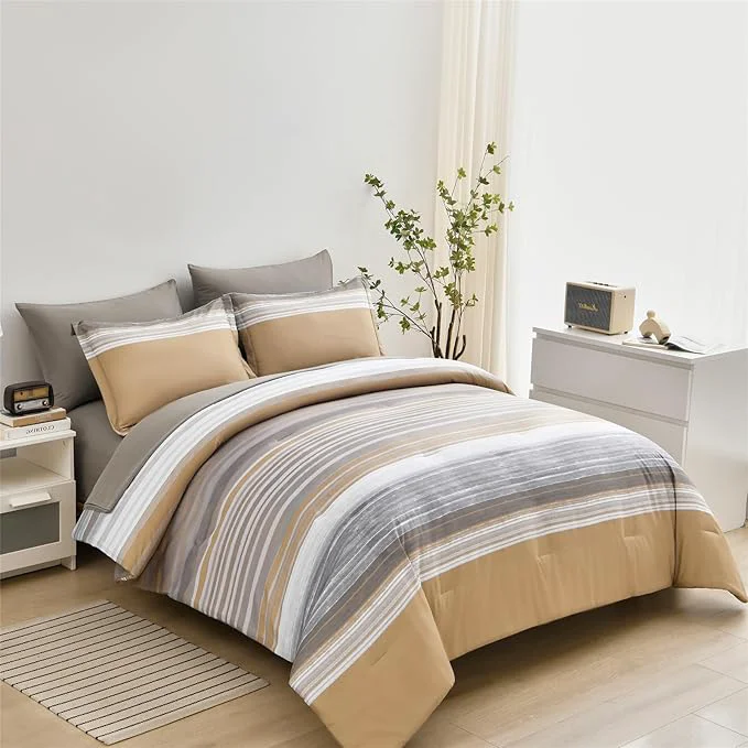 Expertly Made 7 Piece Bed in a Bag Stripe Comforter Set Queen Size White Grey Khaki Patchwork Striped Comforter and Sheet Set All Season Soft Microfiber Complete Bedding Set Khaki Queen Sustainable