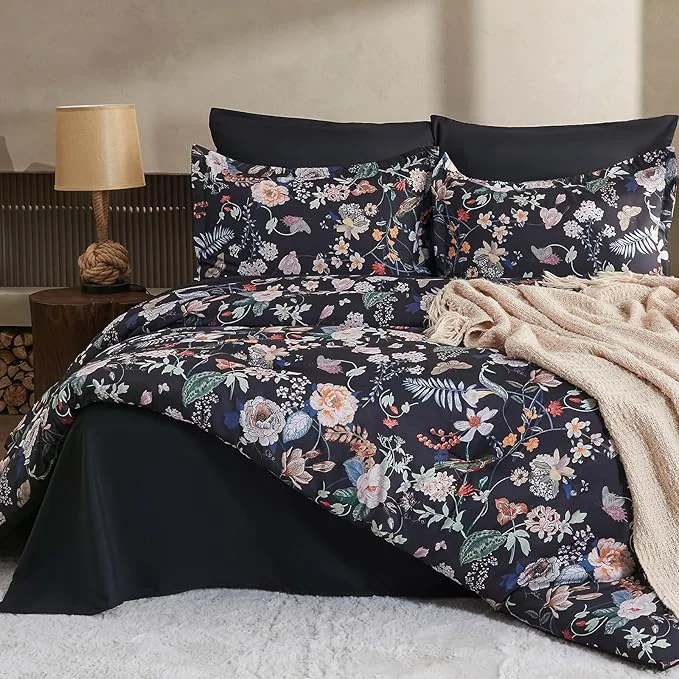High-End 7 Piece King Comforter Set Black Butterfly Floral Comforter Set with Flowers Leaves Pattern Soft Microfiber Complete Bedding Set for All Season Black King Exceptional