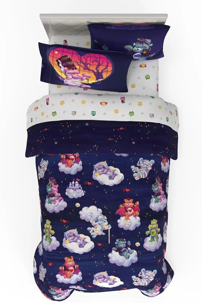 Comfortable Care Bears x Universal Monsters Halloween Bedding 5 Piece Super Soft Cozy Reversible Comforter and Sheet Set with Sham Twin ly Licensed Product By Franco Original