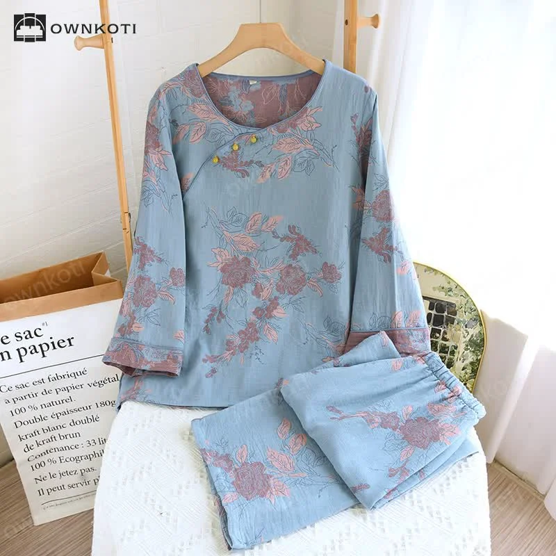 Clean Ownkoti Jacquard Floral Cotton Round-neck Loungewear Set Breathable