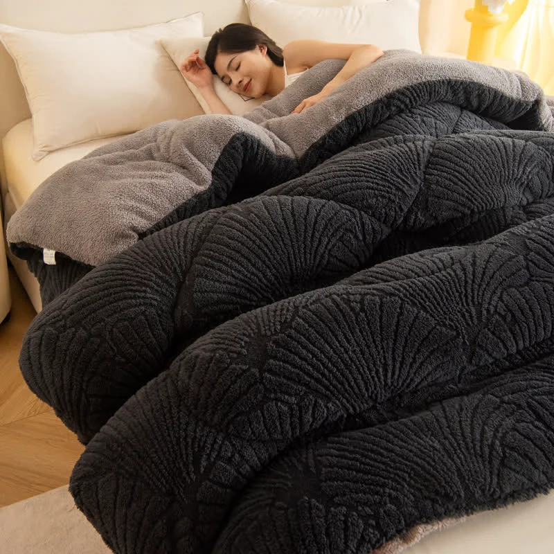 Contemporary Ownkoti Sherpa Jacquard Ginkgo Leaf Blanket with Quilt Core Professional