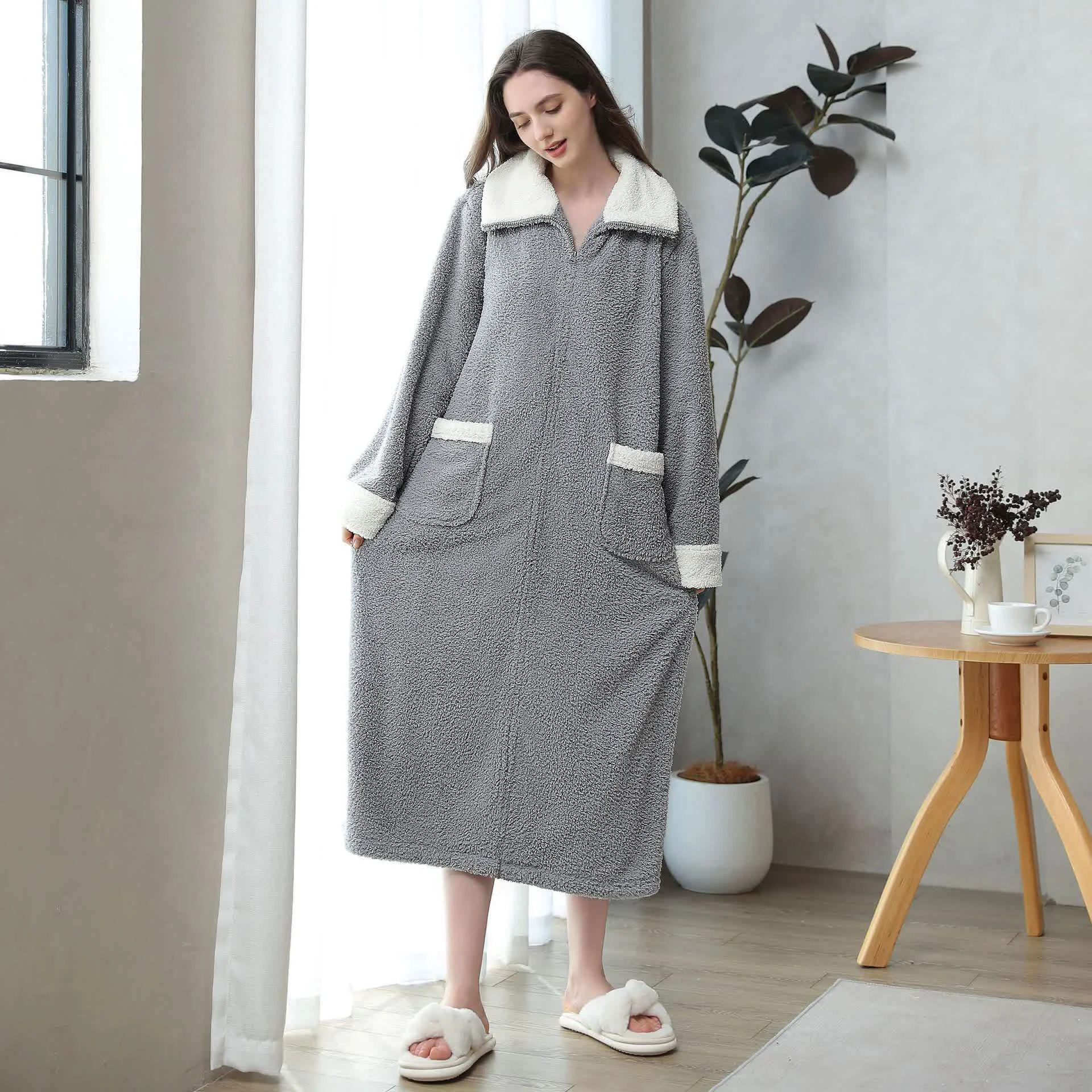 Trendy Ownkoti Soft Fleece Warm Zippered Long Nightgown Outstanding