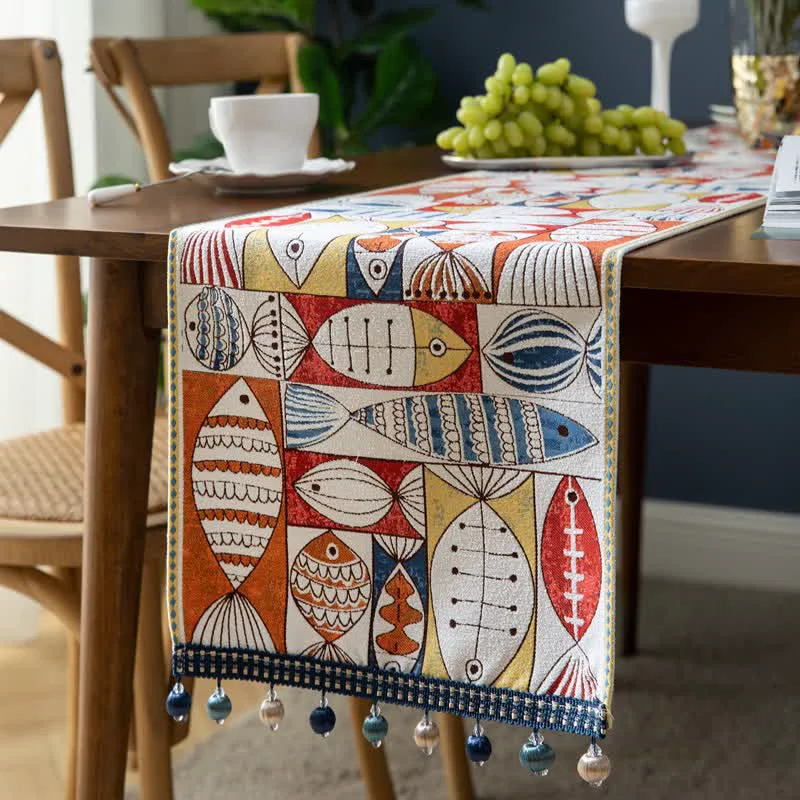 Next-Generation Ownkoti Fish Chenille Tassel Decorative Table Runner Pure