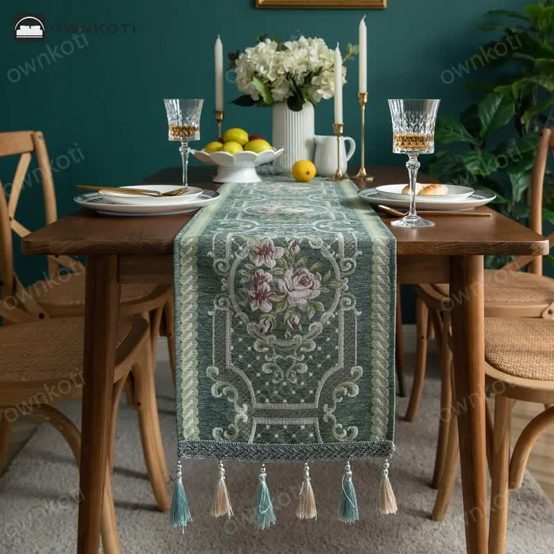 Trendy Ownkoti Jacquard Vintage Floral Tassel Table Runner Secure